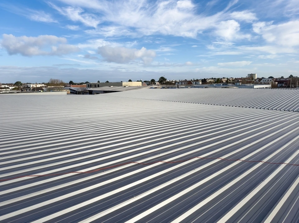 Chantier extérieur avec ouvriers en équipements de protection individuelle sur nacelle élévatrice à ciseaux jaune, travaillant sur façade de bâtiment industriel