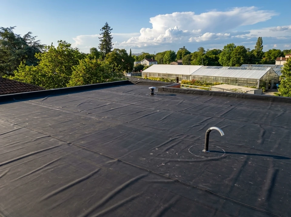 Chantier extérieur de pose d'étanchéité sur toiture terrasse